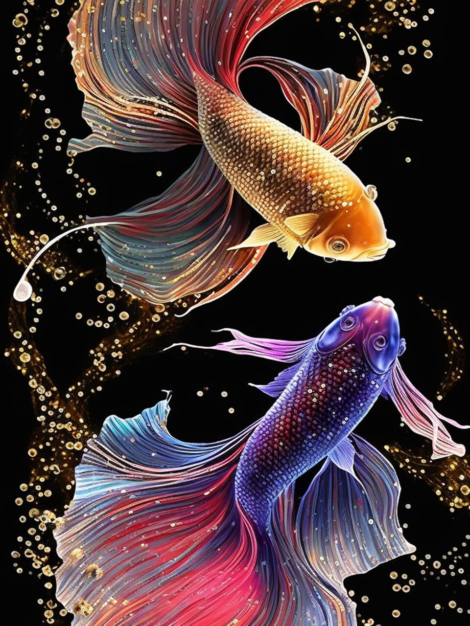 5D Diamond Art Kits for Adults Colorful Fighting Fish by Number Kits, Diamond Painting Art Fish DIY Full Drill Crystal Craft Cross Stitch Embroidery Decoration (12x16 inch) 30x40 cm